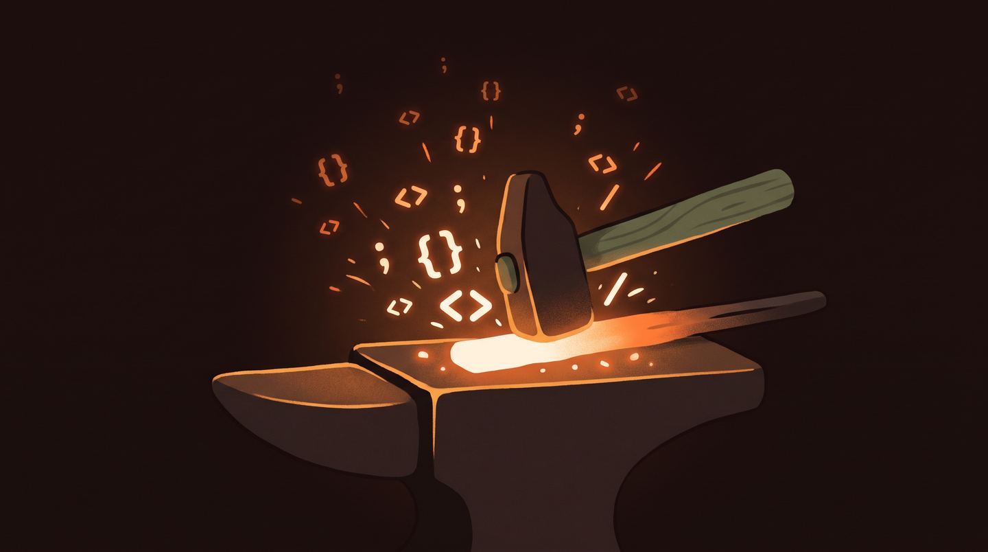 A hammer striking an anvil. The sparks flying off are glowing programming symbols.